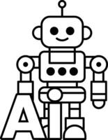 robot is standing in front of the letter A In black and white line style vector