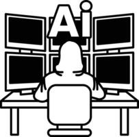 A man in a hoodie sits in front of a computer with a monitor displaying In black and white line style vector