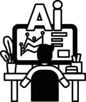 A man is sitting at a desk in front of a computer monitor with the letters AI In black and white line style vector