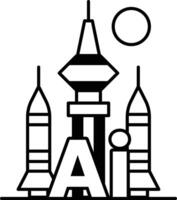 city skyline with a tower and a sun in the background In black and white line style vector