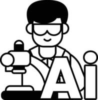 A man in a lab coat is holding a microscope and smiling In black and white line style vector
