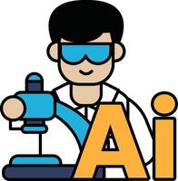 A man in a lab coat is holding a microscope and smiling vector