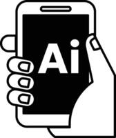 hand holding a cell phone with the word AI on it In black and white line style vector