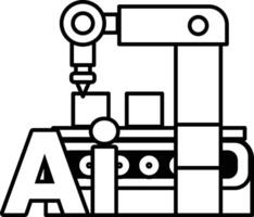 robot is working on a machine that has the letters AI on it In black and white line style vector