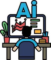 A man is sitting at a desk in front of a computer monitor with the letters AI on vector