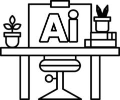 desk with a chair and a plant In black and white line style vector
