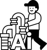 man is walking with a pipe and a sign that says AI In black and white line style vector