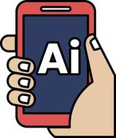 A hand holding a red cell phone with the word AI on it vector