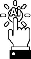 hand pointing to a red button with the word AI on it In black and white line style vector