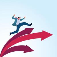 A man jumping and a branching arrow. A metaphorical illustration for business expansion, franchise development and expanding business. vector