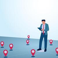 A man holds a report and location pins scattered around. A metaphorical illustration for business expansion, franchise development and expanding business. vector