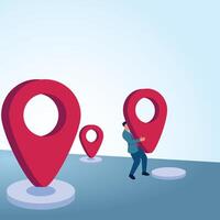 A man carrying a location pin towards a destination. A metaphorical illustration for business expansion, franchise development and expanding business. vector