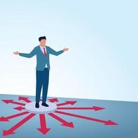 A man stands and arrows fly in all directions. A metaphorical illustration for business expansion, franchise development and expanding business. vector