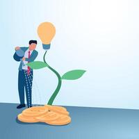 A man watering money that blooms the lamp of ideas. A metaphorical illustration for business expansion, franchise development and expanding business. vector
