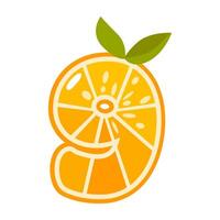 Orange fruit number Nine. Orange in the shape of number 9. Numbers and signs made from orange or citrus. vector