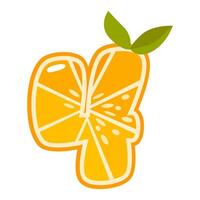 Orange fruit number Four. Orange in the shape of number 4. illustration. Alphabet, letters, numbers and signs made from orange or citrus. vector