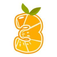 Orange fruit number Three. Orange in the shape of number 3. illustration. Alphabet, letters, numbers and signs made from orange or citrus. vector