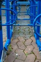 Blue bicycle racks arranged neatly on a paved surface with visible weeds and natural elements photo