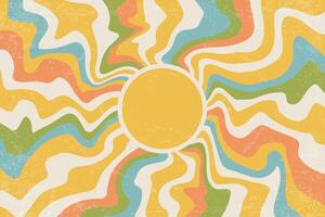Retro sun summer background. Abstract pattern with wavy rays for poster design. Vintage 70s radial psychedelic beams with grunge texture. Funky trendy wallpaper vector
