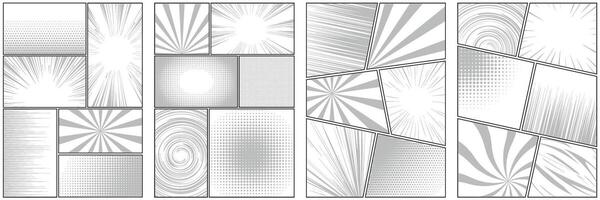 Comic book frame. Monochrome manga template. Pop art cartoon page with grid and boxes on white backdrop. Anime cover with explosion speed lines and halftone effect for storyboard. vector