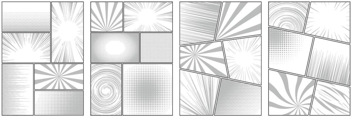 Comic book frame. Monochrome manga template. Pop art cartoon page with grid and boxes on white backdrop. Anime cover with explosion speed lines and halftone effect for storyboard.