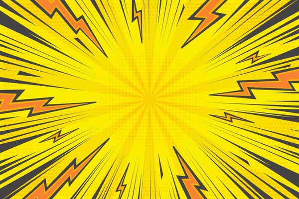 Comic cartoon background with lightning burst effect. Manga graphic with thunder power and abstract light effect. Energy explosion frame. Radial perspective motion lines.
