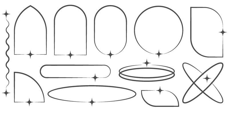 Outline aesthetic frames with star. Border graphic design. Modern minimal arches. Simple cute decorative y2k geometric templates.