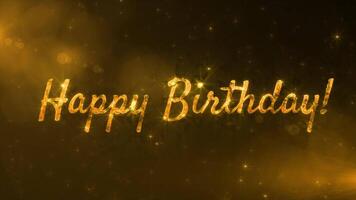 Golden birthday text with spark and particles on black star sky, beautiful typography magic design, sparkling effects celebration concept animation background video