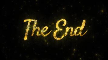 Golden the end text effect with spark and particles on black star sky, beautiful typography magic design, sparkling effects celebration concept animation background video