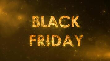 Golden black friday text with spark and particles on black star sky, beautiful typography magic design, sparkling effects celebration concept animation background video