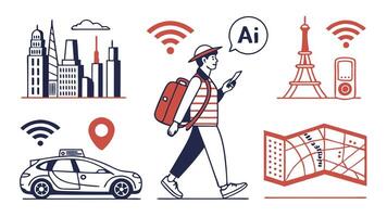 AI Travel Icons - Futuristic Tourism, Digital Navigation, and AI Guides vector