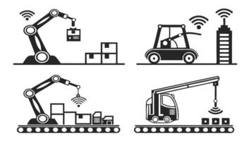 industrial automation icons, robotic factory machinery, smart production line technology, AI-controlled manufacturing equipment, scalable industrial technology symbols. vector