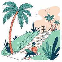 Tropical Vibes Illustration Minimalist Flat Design with Relaxed Outdoor Scene and Palm Trees vector
