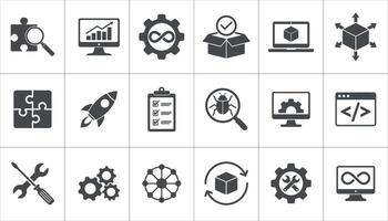 Collection of Software Development Icons. Includes process, debugging, coding, deployment, and project management symbols. vector