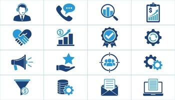A collection of Business Success Icons representing growth, customer service, marketing, sales, teamwork, and data analysis. flat illustration vector