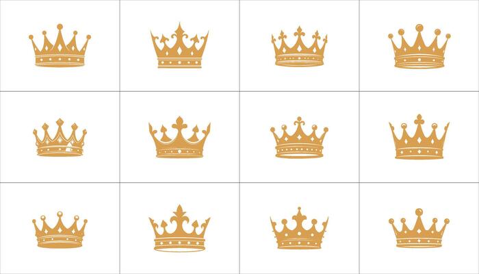 Golden Crowns Regal Symbols, Monarchy, Royalty, Majesty. Simple Crowns Set Illustration