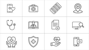 A set of Healthcare line Icons, elements mobile health apps, doctor consultations, pills and stethoscopes. flat simple line icon set vector