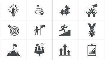 Success Icons Strategy, Teamwork, Achievement, Growth, Goals, ideas, planning, progress, achievement, and upward trends, simple flat solid icon vector