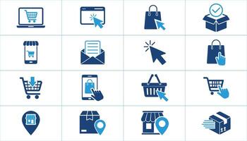 Set of E-commerce Shopping Icons. including online shopping, carts, packages, delivery, and store locations. Simple, flat design vector