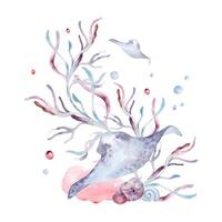 Undersea arrangement with plants and ocean inhabitants on watercolor splash. Stingray and seaweeds monochrome illustration hand drawn in a dusty pink. Colorful nautical style. Summer design. vector