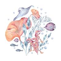 Underwater world illustration with fantasy sea flora and ocean creatures in watercolor. Tropical seabed with fishes and abstract plants corals hand drawn in blue and soft pink. Nautical summer design. vector
