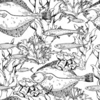 Sea fishes, corals, and seaweed monochrome seamless pattern. Ocean life elements repeated black white background hand drawn. Marine design for textiles, wrapping paper, scrapbooking. vector