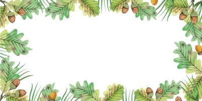 Rectangular frame of oak leaves, ripe acorns and pine needles. All objects are hand painted with watercolors. Suitable for card design, invitations, stationery design, printing on fabric and paper vector