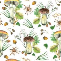 Seamless watercolor pattern on a forest theme. Edible mushrooms, needles of coniferous trees, oak leaves, acorns, all objects are hand-drawn with watercolors. For printing on textiles, paper vector