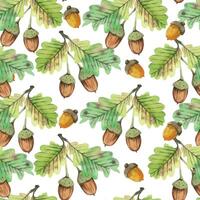 Seamless watercolor pattern with forest acorns and oak leaves. All objects are hand-drawn with yellow and green watercolor. Watercolor illustration. Suitable for printing on fabric, paper, stationery vector