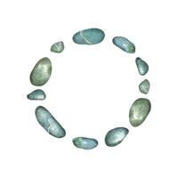 Round frame with a marine theme, a wreath of pebbles and sea stones, all hand-drawn in watercolor. Watercolor illustration. Suitable for printing on fabric, paper, for designing cards and invitations vector