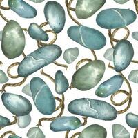 Seamless watercolor pattern of sea pebbles, blue and gray stones, twine, all objects are hand painted with watercolors. Watercolor illustration. Suitable for printing on fabric, paper, stationery vector