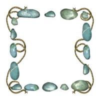 Square frame with a marine theme, pebbles, sea stones, twine, all objects are hand-painted in watercolor. Watercolor illustration. For printing on fabric, paper, cards and invitations vector
