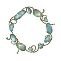 Round frame of pebbles and sea stones, twine, wreath of grey and blue pebbles. All objects are hand-painted with watercolors on a white background. Suitable for printing on fabric, paper, invitations vector