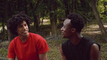 Two athletic men engage in a friendly conversation in a public park while enjoying the outdoors. They embody a healthy lifestyle and the joy of being active. video